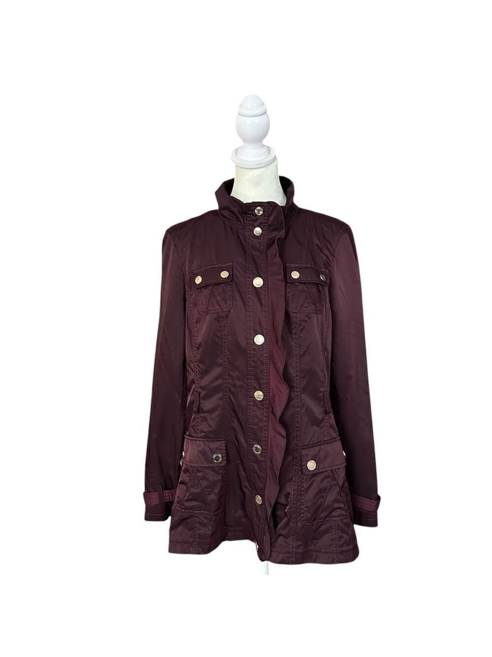 White House Black Market Purple Gold Snap Ruffle Nylon Trench Coat Size 6